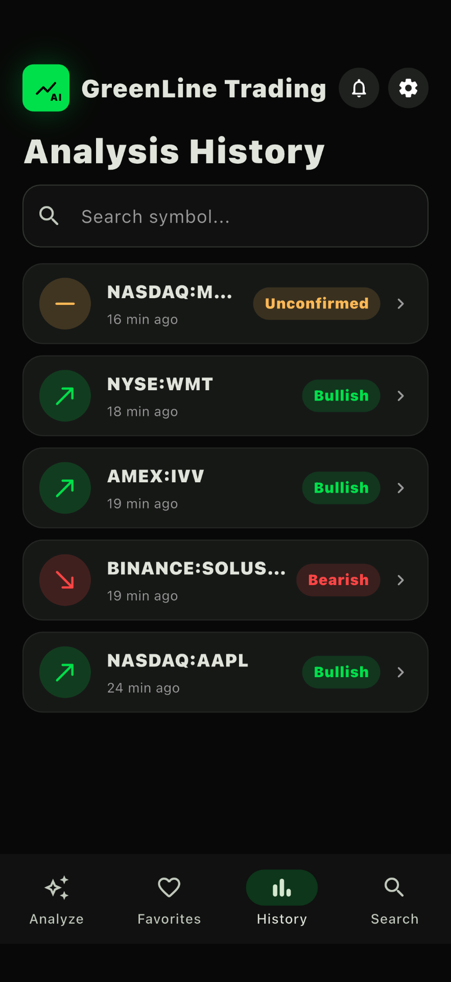 History screen of GreenLine Trade iOS app